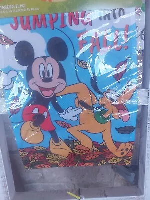 Disney Mickey Mouse & Pluto Jumping Into Fall 12.5 X 18  Garden Flag NEW • $6.95