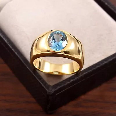 1.60ctw Oval Cut Natural Blue Topaz Men's Ring Wedding  Solid 10k Yellow Gold • $892.49