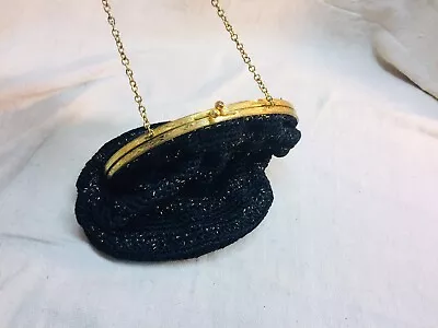 Vintage Crocheted Black Handbag Gold Accent Clasp  • $11.89