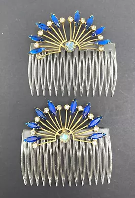 Vintage Hair Combs Gold Metal Blue & AB Rhinestones 1950s Set Of  2 • $30.40