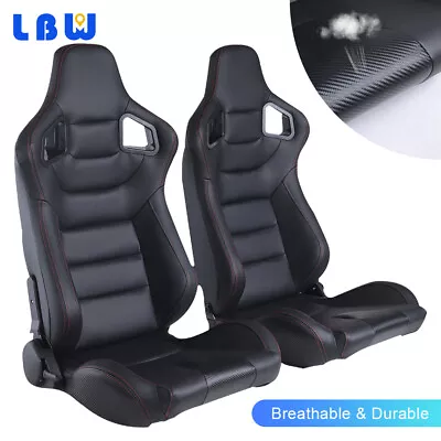 Universal PU Leather Racing Seats Reclinable Sport Seats Black + Red Stitching • $396.80