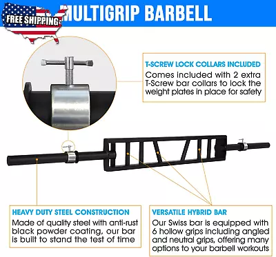 Multi Grip Barbell & Cable Attachment Swiss Bar American Greater Rang 2 Collars  • $83.10
