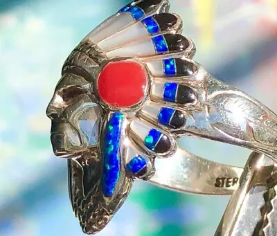 SOLID Indian CHIEF Biker Men's Turquoise Blue Headdress Opal HEAVY RING 12 • $295