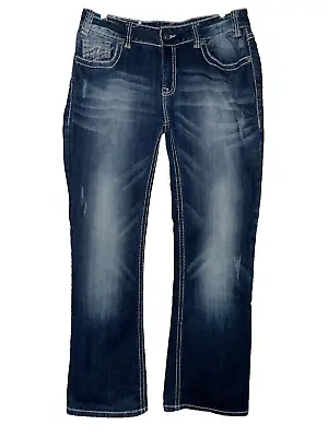Rock & Roll Cowgirl Bling Rhinestone Jeans Dark Wash Whiskering Size 32 • $19.99