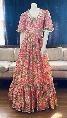 VTG Prairie Dress Full Length Cottagecore 1970’s Pink Flower Garden Party Prom • $49.95
