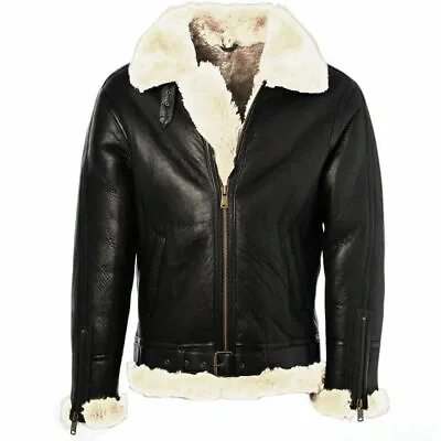 Black Ginger Leather Jacket For Men Genuine Sheep Skin Aviator Fur B3 Bomber • $174.99