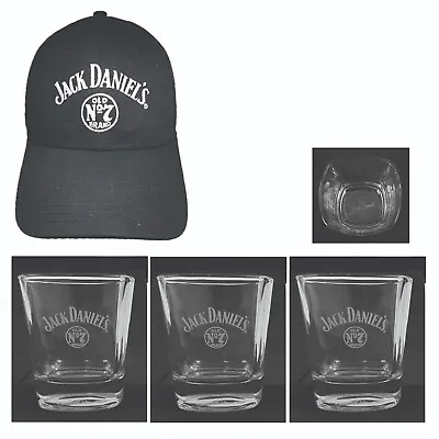 JACK DANIELS WHISKEY No.7 3 X SIGNATURE EMBOSSED GLASSES + EMBROIDERED CAP BNWOT • $49.99