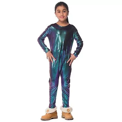 Child Iridescent Dragon Alien Fish Halloween Costume Blue Jumpsuit Boys Girls • $7.96