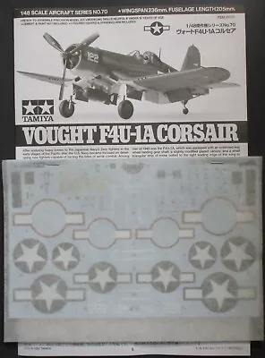 Tamiya  1/48th Scale  Vought F4U-1A Corsair - Decals Form Kit No. 61070 • $8.39