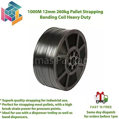 Hand Pallet Strapping Banding Black Polypropylene Coil 1000m 12mm 260kg Brake • £26.75