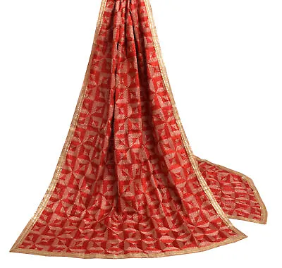 Sushila Vintage Red Dupatta  Blend Silk Phulkari Embroidered Long Stole Scarves • $37.94