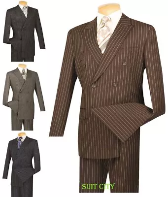 Men's Suit Gangster Pinstripe Double Breasted 6 Buttons Classic Fit DSS- 4 • $120