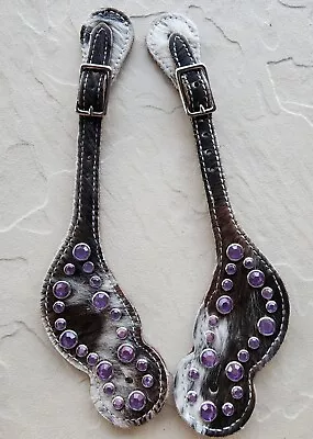 Women's Spur Straps- Adjustable Leather W Hair On Cowhide Purple Crystal Bling • $25