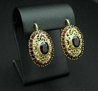 Vintage Oval Garnet Lab Created Diamond Wedding 14K Yellow Gold Filled Earrings • $91.80