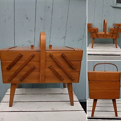 Large Vintage Retro Mid Century 3 Level Cantilever Wooden Sewing Box On Legs • £55