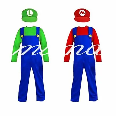 Kids Boys Super Mario And Luigi Costumes Plumber Bros Halloween Book Fancy Dress • £7.99