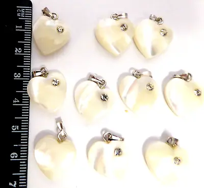 10  Cream Heart Acrylic Shell Pendants With Crystal Jewellery Making Craft • £5.99