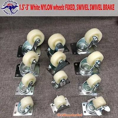 White NYLON Caster Castor Wheels  1.5  2  2.5  3  FIXED SWIVEL AND SWIVEL BRAKE • $2