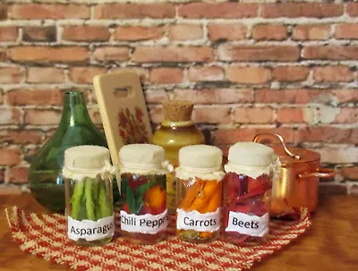 4 Dollhouse Artist Designed Miniature Canning Jars Vegetables Antique Look • $15.99
