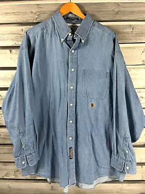 Vintage 90s Tommy Hilfiger Crest Blue Chambray Long Sleeve Shirt Mens XL/XXL • $19.99