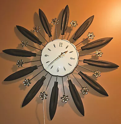Vintage MCM Lux Robert Shaw Atomic Starburst Sunburst Flower Wall Clock W Leaves • $149