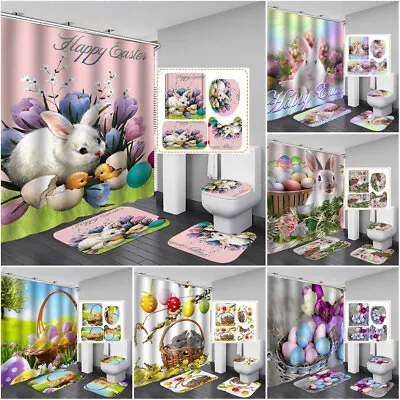 Easter Rabbit Egg Shower Curtain Non-Slip Bath Mat Toilet Lid Bathroom Rug Decor • $87.99