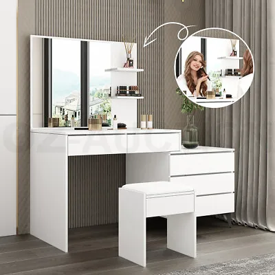 $299.95 • Buy Dressing Table Set Makeup Vanity Mirrored Drawers Storage White Dresser Stool