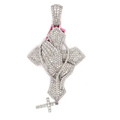 $9500 • Buy 10k White Gold And Diamond Cross With Rosary & Praying Hands Pendant