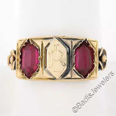 Antique Victorian 18K Rosy Yellow Gold Lozenge Kite Red Stone Signet Band Ring • £513.72