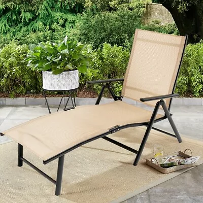 Textilene Outdoor Lounge Chaise Folding Reclining Chair Beige • $69