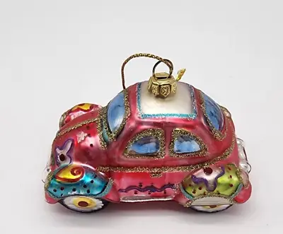 VW Beetle Love Bug Car Glass Christmas Ornament Glitter  Flowers Pink Red 3  • $19.54