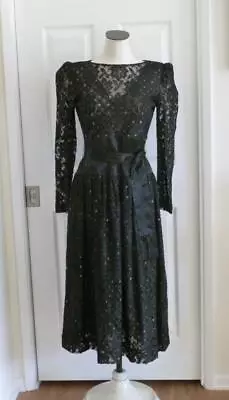 Couture Vtg Halston Black Lace+Satin Met Gold Embroidery Cocktail Dress S XS EUC • $151.20