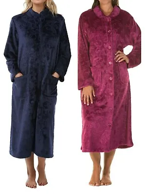 Ladies Embossed Fleece Feel Button Zip Through Dressing Gown Robe Uk Sizes 8-24 • £19.99
