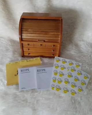 Vintage Mini Roll Top Desk Wooden Recipe Box W/Dividers Recipe Cards & Stickers  • $24.99