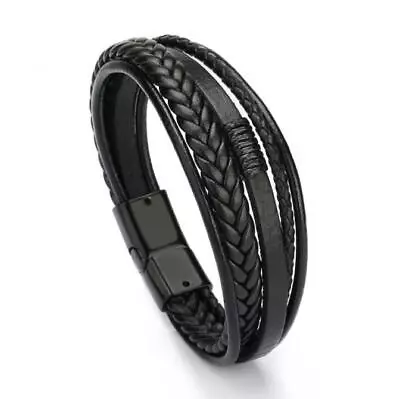 Men Jewelry Black Braided Leather Bracelet Multi-Layer Stainless Steel Clasp A • $5.99