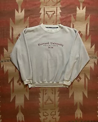 Vintage 90s Embroidered Fleece Harvard University Pullover Sweatshirt Grey XL • $23