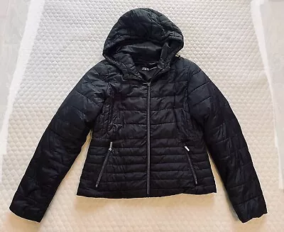Zara Black Puffer Crop Hoodie Quilted Long Sleeve Jacket Women’s Size XL 12-14 • $40