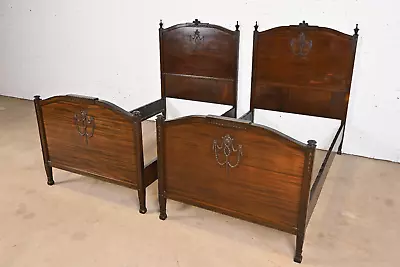 Antique French Regency Louis XVI Carved Mahogany Twin Size Beds Pair • $2395