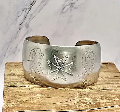 Vintage MODA Hand Made In Malta Silver Wide Cuff Bracelet Cross / Sea Horse • $14.99