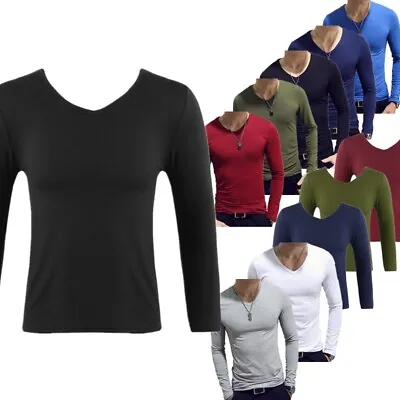 Men Long Sleeve Thermal Shirts V-Neck Athletic Undershirt Casual Base Layer Tops • $11.40