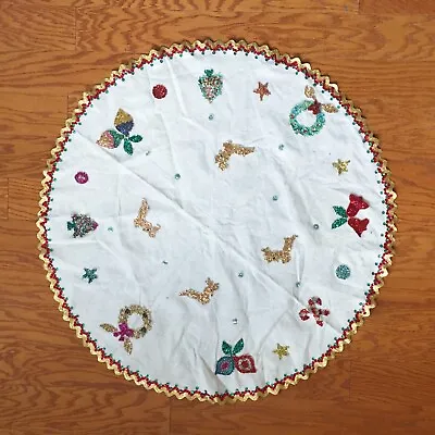 Christmas Tree Skirt Table Cover 36  White Felt Sequin Applique Round Vintage • $29.95