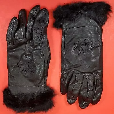 Harley Davidson Women's (XL) Black Leather Riding Gloves W/ Rabbit Fur Cuffs • $34.94