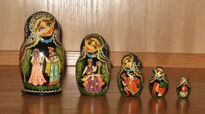 Vintage Matryoshka FairyTale Nesting Dolls Wood Hand Painted Set 5 Signed • $48