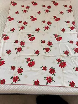 Vintage Christmas Tablecloth 68 X 52 Poinsettia Snowflake Red Green Cotton • $22.99