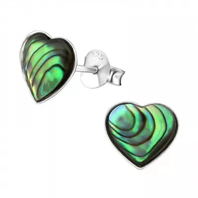 925 Sterling Silver Green Abalone Shell Heart Stud Earrings Boxed • £6.95