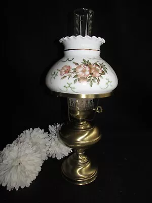 Hurricane Milk Glass Shade W Maroon Flowers On Shiny Brass Metal Table Lamp 18  • $34.99