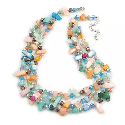 3 Row Layered Pastel Multicoloured Shell And Glass Bead Necklace - 60cm L/ 7cm • £22.90