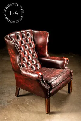 Vintage Tufted Leather Wingback Chair In Oxblood • $3300.99