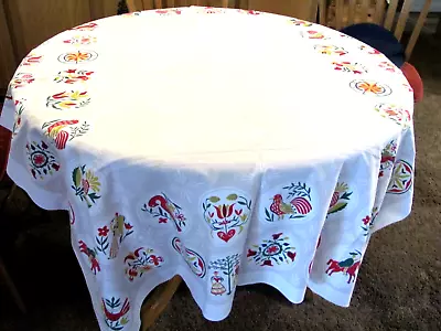 Vintage Cotton Tablecloth - Penn Dutch Print - Birds Flowers Animals • $20