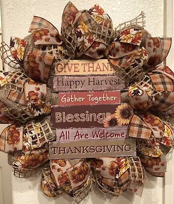 Farmhouse THANKSGIVING 🦃🍂 SENTIMENT BURLAP Deco Mesh WREATH 22  X 22  Fall • $62.95